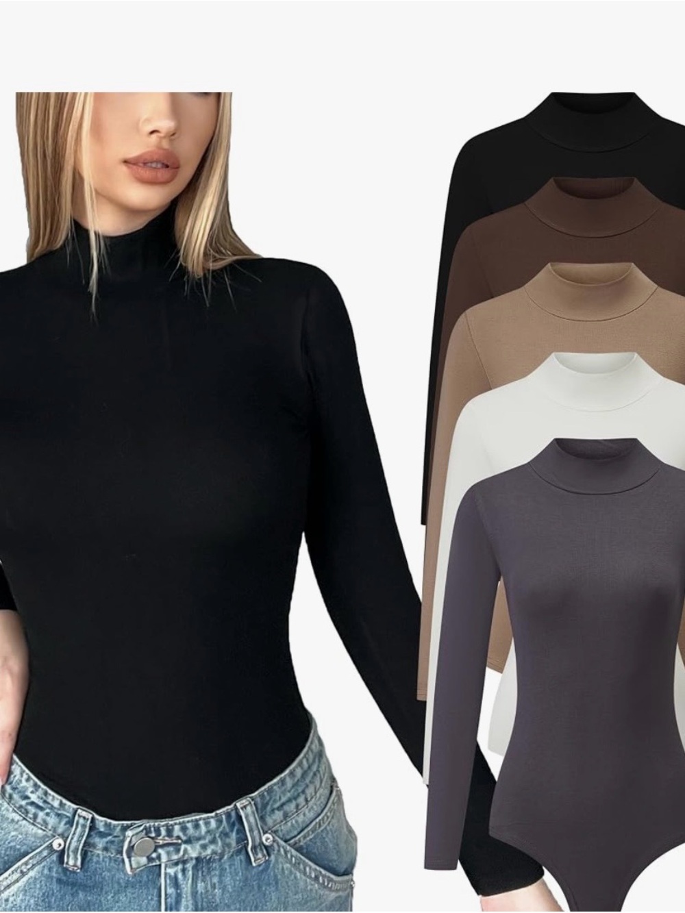 Women’s Mock Neck Long Sleeve Bodysuit - Black!!! All five colors